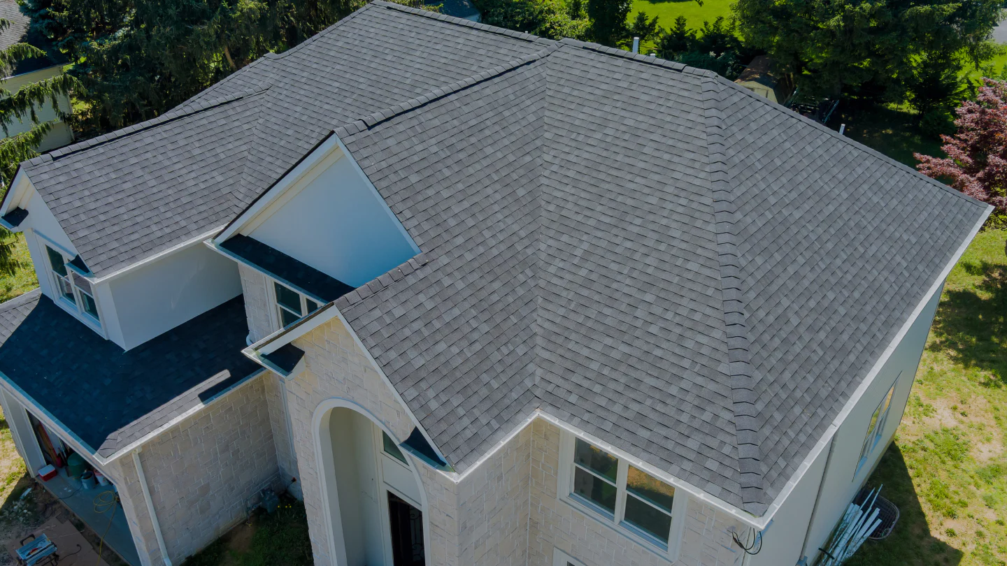 aerial view of a newly installed shingle roof valparaiso in